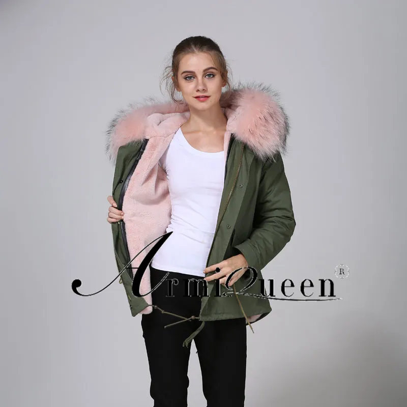 

Hot Sale Casual Accept Customized Design Army Green Faux Fur Women Short Coat With Pink Hood, Customized color