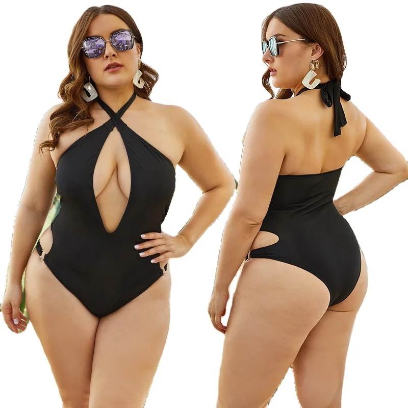 

Black sexy deep V triangle hollow one-piece swimsuit plus size swimwear 2021, Shown