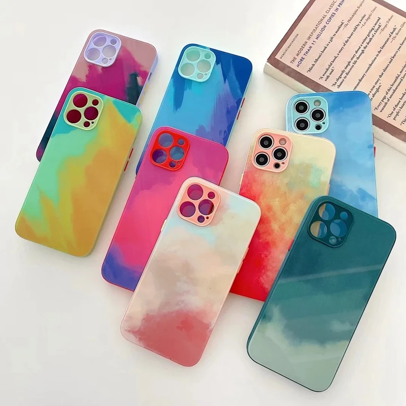 

2021 Oil Color Ink Painting Watercolor Tempered Glass Cases For Iphone 12 Pro Max 11 XR XS X 8 7 Plus Hard TPU Edge Cover, As picture