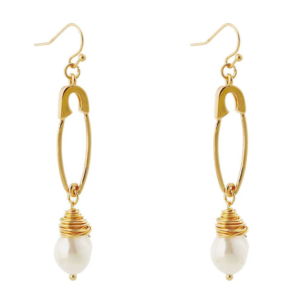

Korean Creative Pin Earrings New Arrival Pearl Pendant Hollow Safety Pin Earring