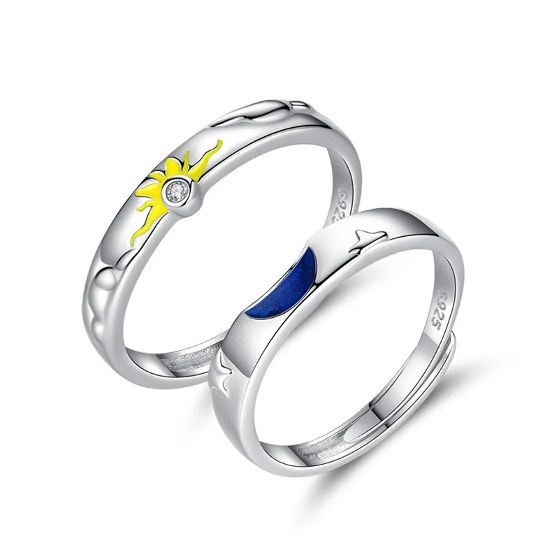 

Blue Drop Glaze Sun Moon Star Couple Sweet Romantic 925 Sterling Silver Female Resizable Opening Rings, Gold, silver