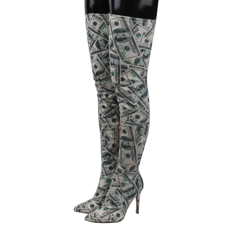 

Plus Size 43 Cash Print Stretch Fabric Skintight Thigh High Boots Ladies Side Half-zip Thin High Heel Over Knee High Booties