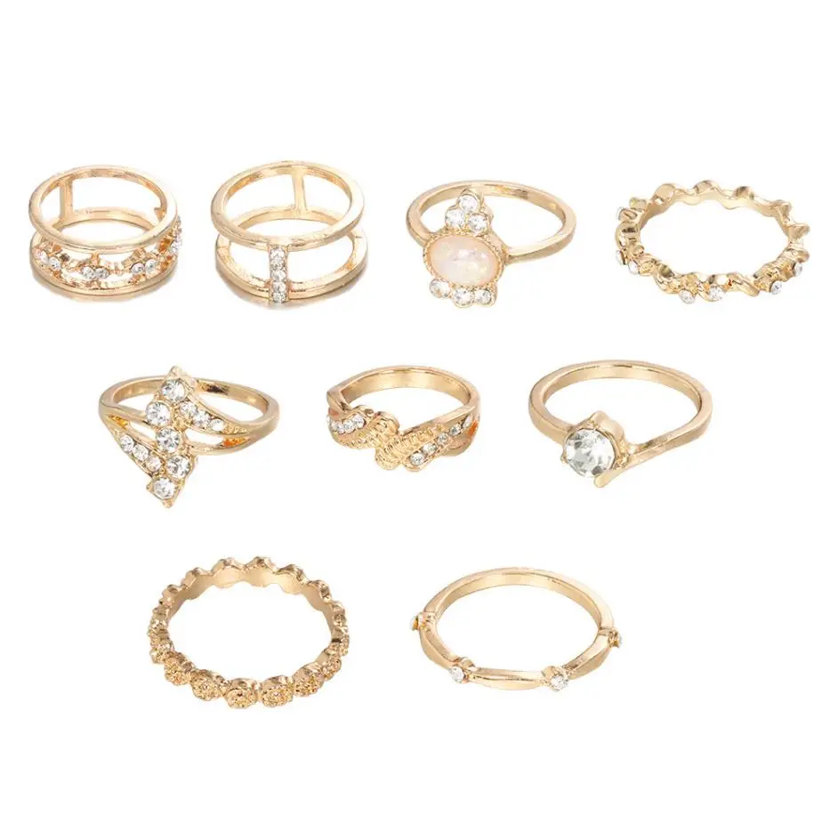 

Small Order 9Pcs/Set Western Hot Fashion Rings Set Vintage Diamond Opal Knuckle Rings Set For Women Jewelry 2021 Wholesale, Gold