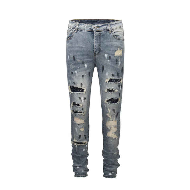 

New Desgin Blue Denim Ripped Skinny Pants Heavy Distressed Men Diamond Jeans