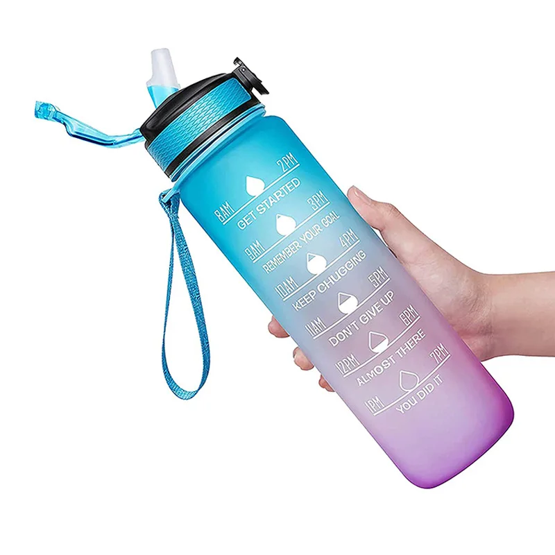 

BPA Free Reusable 32 oz Sport Water Bottle with Drinking Straw and Motivational Time Marker GYM Tritan Bottles, Customized color acceptable