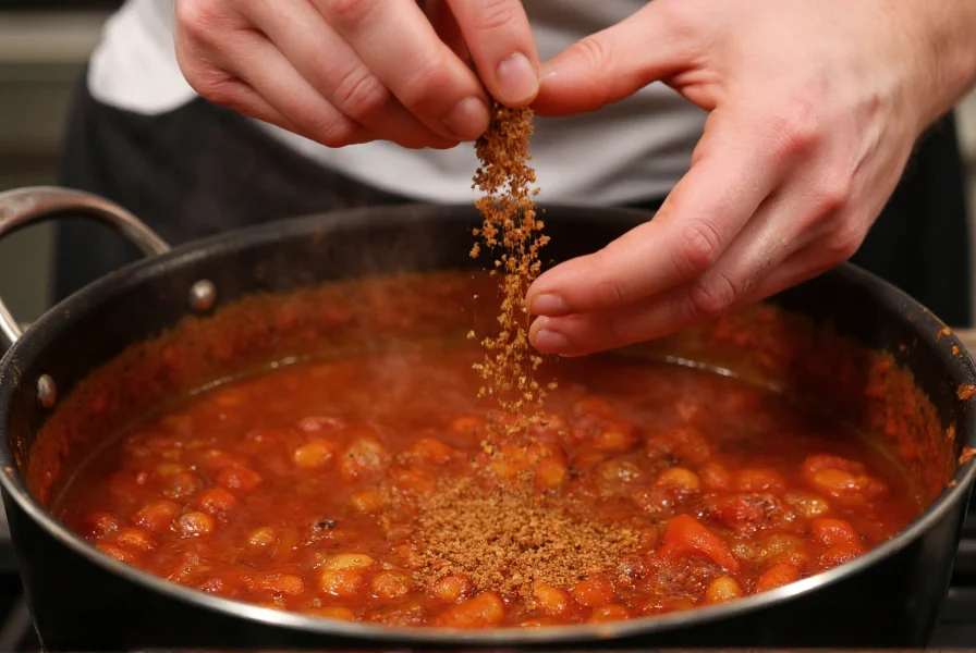 Chef's hands sprinkling homemade chili spice blend over simmering pot of chili