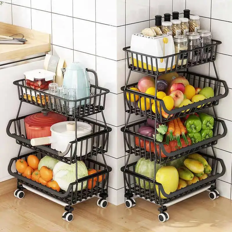 

Multifunctional black kitchen vegetable rack, multi-layer movable storage vegetable basket