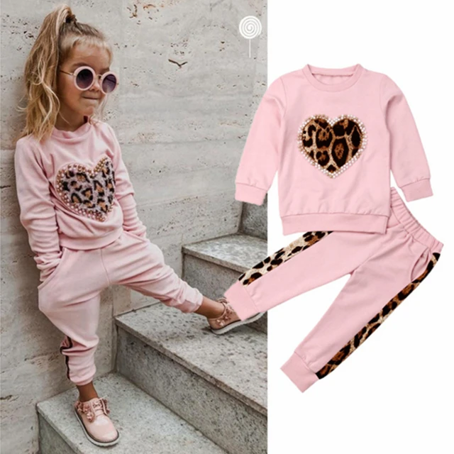 

High quality Toddler Kid Baby Girl Winter Clothes Sets Pink Long Sleeve Leopard Tops Long Pants Outfit Tracksuit, Picture