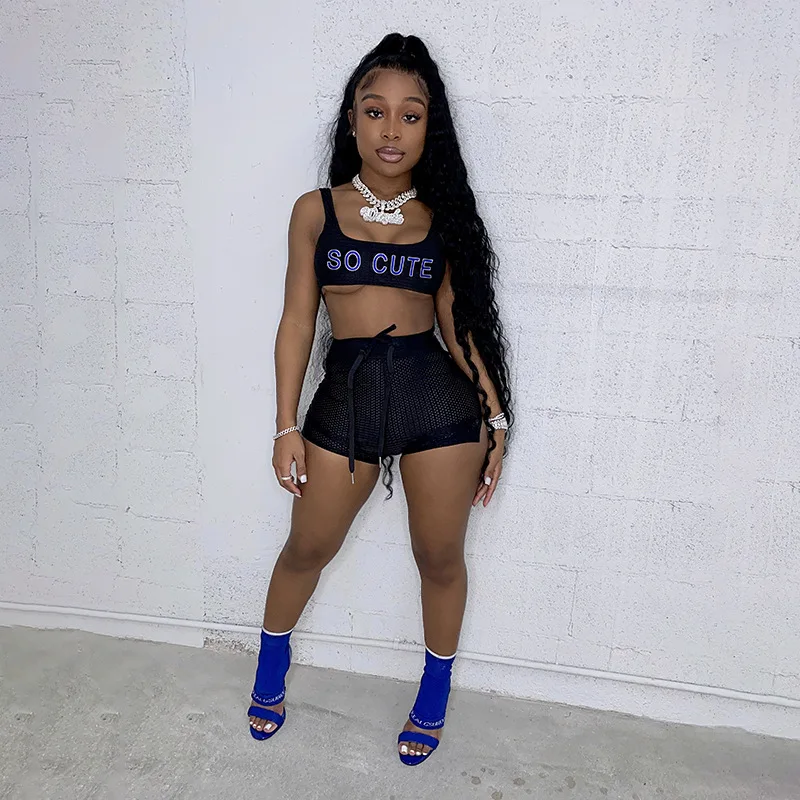 

Ready to ship new fashion women's printed mesh tank top shorts slim 2 piece sexy women set