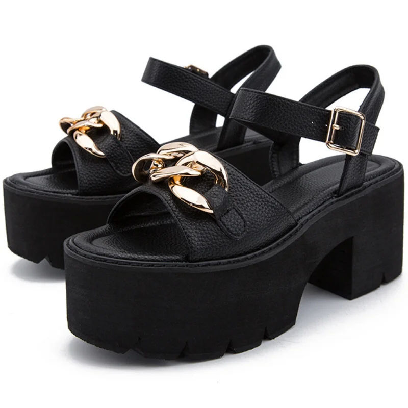 

Dropshipping Custom Logo Women High Heel Sandals Retro Leather Fashion Chain Buckle Strap Block Heel Sandals