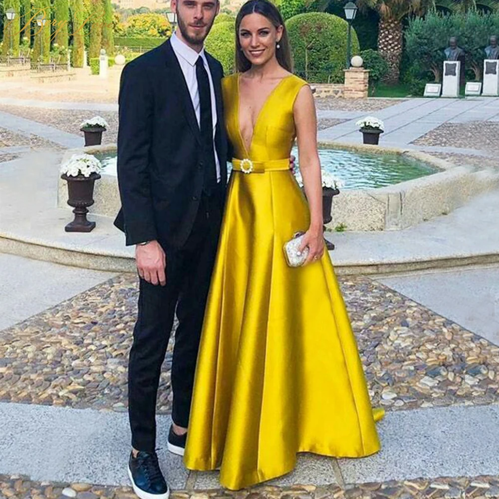 

EV002 Golden Evening Dress 2020 Sexy V Elegant Satin Evening Gown Long Bow Belt Formal Abiye Prom Party Dress vestido longo