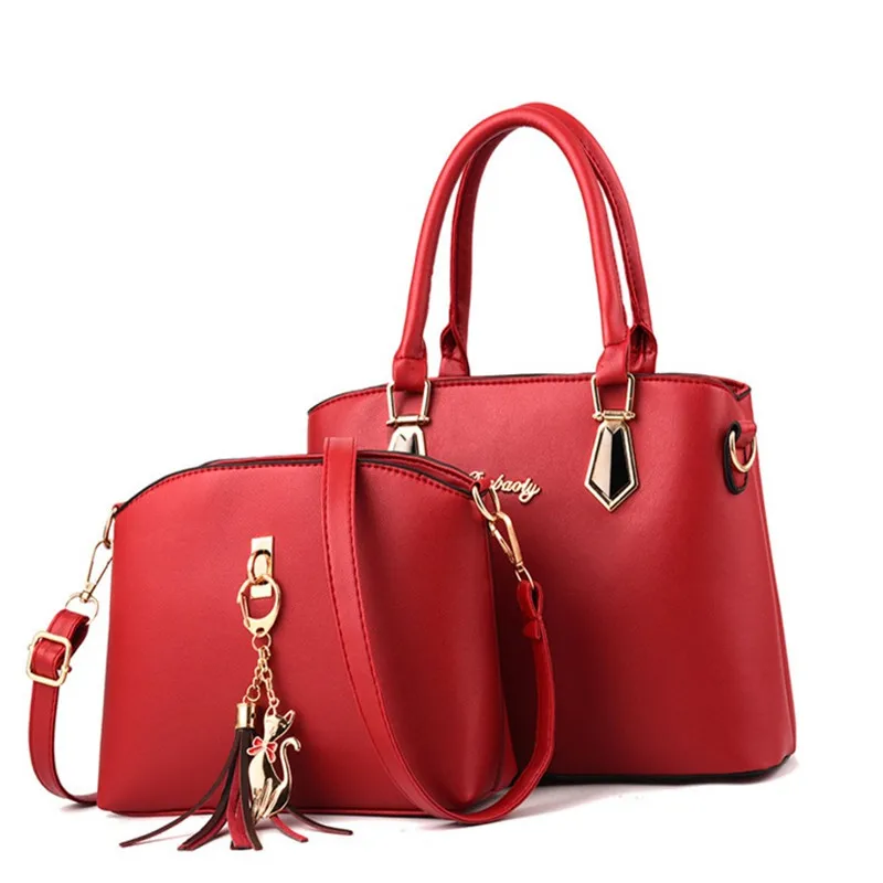 

Top selling lady 2pcs set handbags single shoulder pu leather handbags high quality handbag set, Red / black / pink / navy / brown / purple