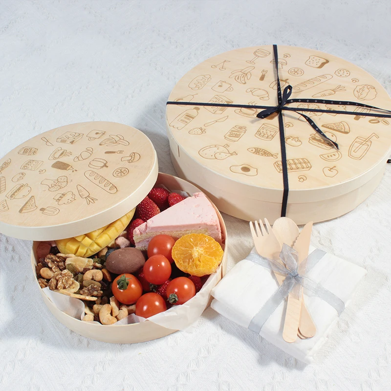 

Customized Round Wooden Balsa Cheese Gift Box Candy Fruit Lunch Box Microwave Wooden Packaging Box