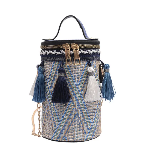 

Ethnic straw woven cylinder bag tassel bucket bag, Various