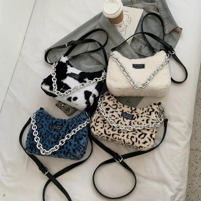 

JOWYAR winter custom logo bags women handbags Ladie's furry handle Vintage Bag metal chain shoulder hand bag for women ladies