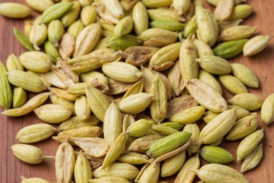 Cardamom pods displayed next to other spices