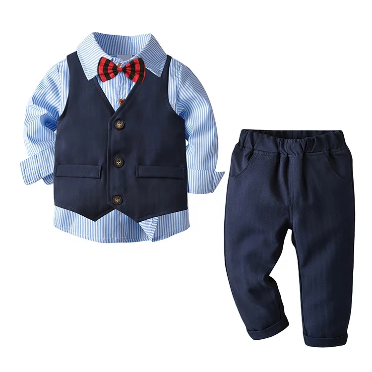 

Children Spring Fall Outfit Stripe Shirt Vest Pants 3 Piece Tuxedo Suit for Party Wedding Kids Gentleman Wear Boy's Clothing Set, Blue striped