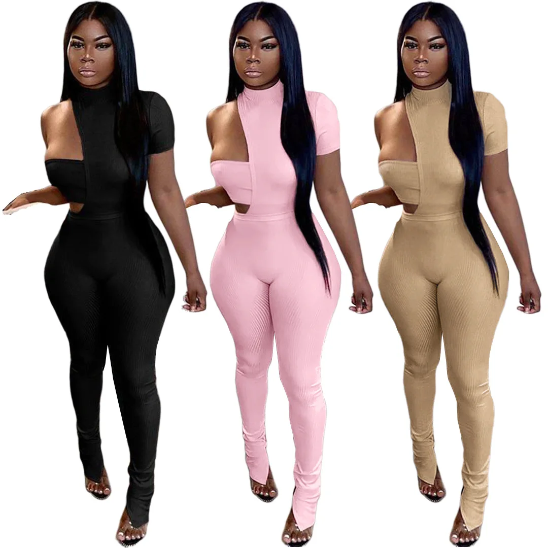 

Fashion Asymmetry Hollow Women Two Piece Pant Set 2021 NEW Arrival Solid Pink Sportwear Set