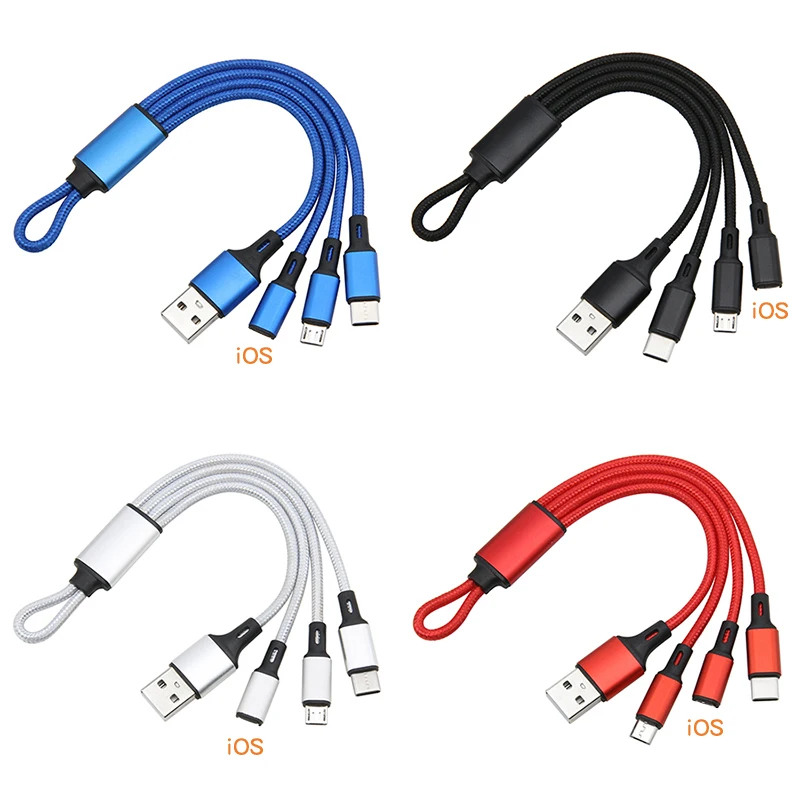 

Nylon braid 3 in 1 USB Cable Multi Keychain Portable Data Sync Line for iPhone Samsung Android Mobile Phone, Blue, red, silver, black