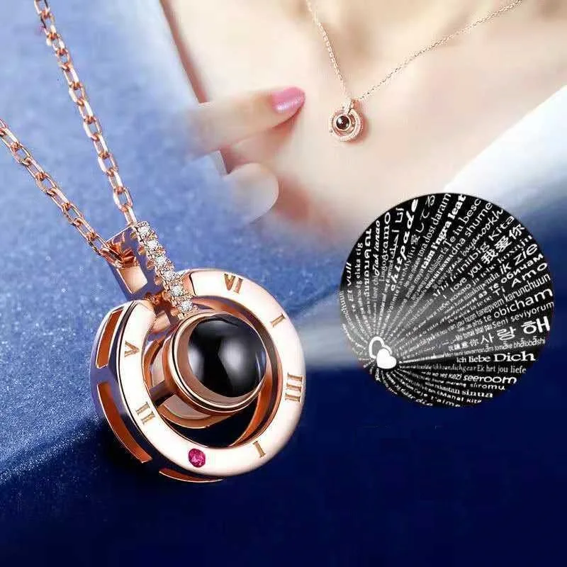 

CLARMER Rose Gold Copper Projection Necklaces Diamond 100 Languages I Love You Necklace Gift Women