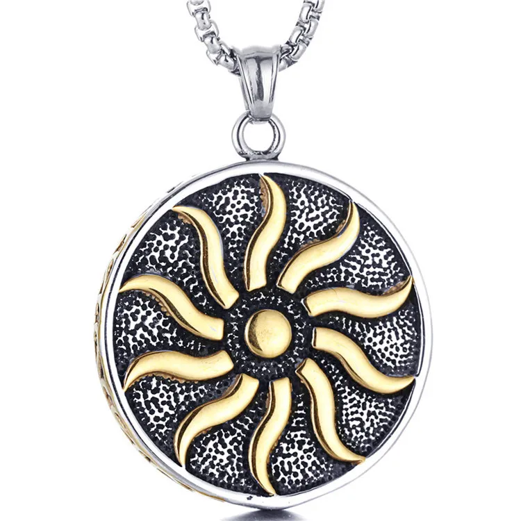 

Round Disc 316L Stainless Steel Amulet Slavic Symbol Pagan Sun Wheel Pendant for Men Women, Silver/gold