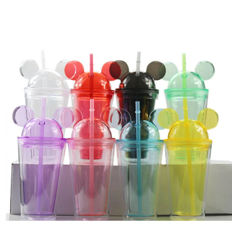 

STOCK IN USA 16oz 450ml Clear Plastic Water Bottle Double Wall Mouse Ear Tumbler Acrylic Transparent Mickey Mouse Tumbler, Transparent 6 colors(blue/yellow/black/red/green/purple)