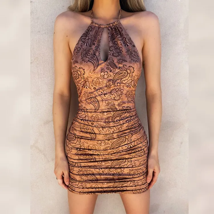 

ZC00292 2021 Summer Women's Paisley Print Pattern Party Nightclub Dress Ladies Lace-Up Halter Sexy Tight Mini Dresses