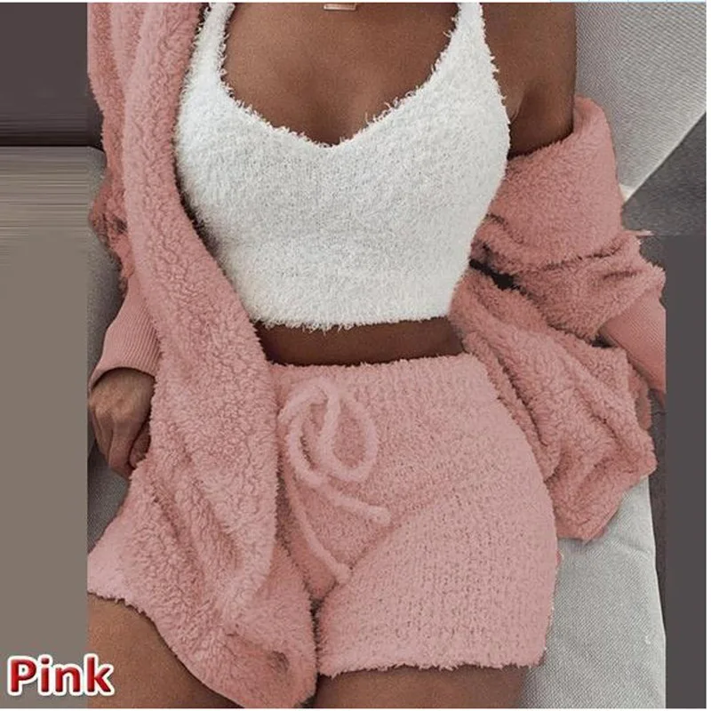 

3PCS/Sets Sexy Fluffy Suits Velvet Plush Hooded Cardigan Coat+Shorts+Crop Top Women Tracksuit Casual Sports Overalls Sweatshirts, As show picture