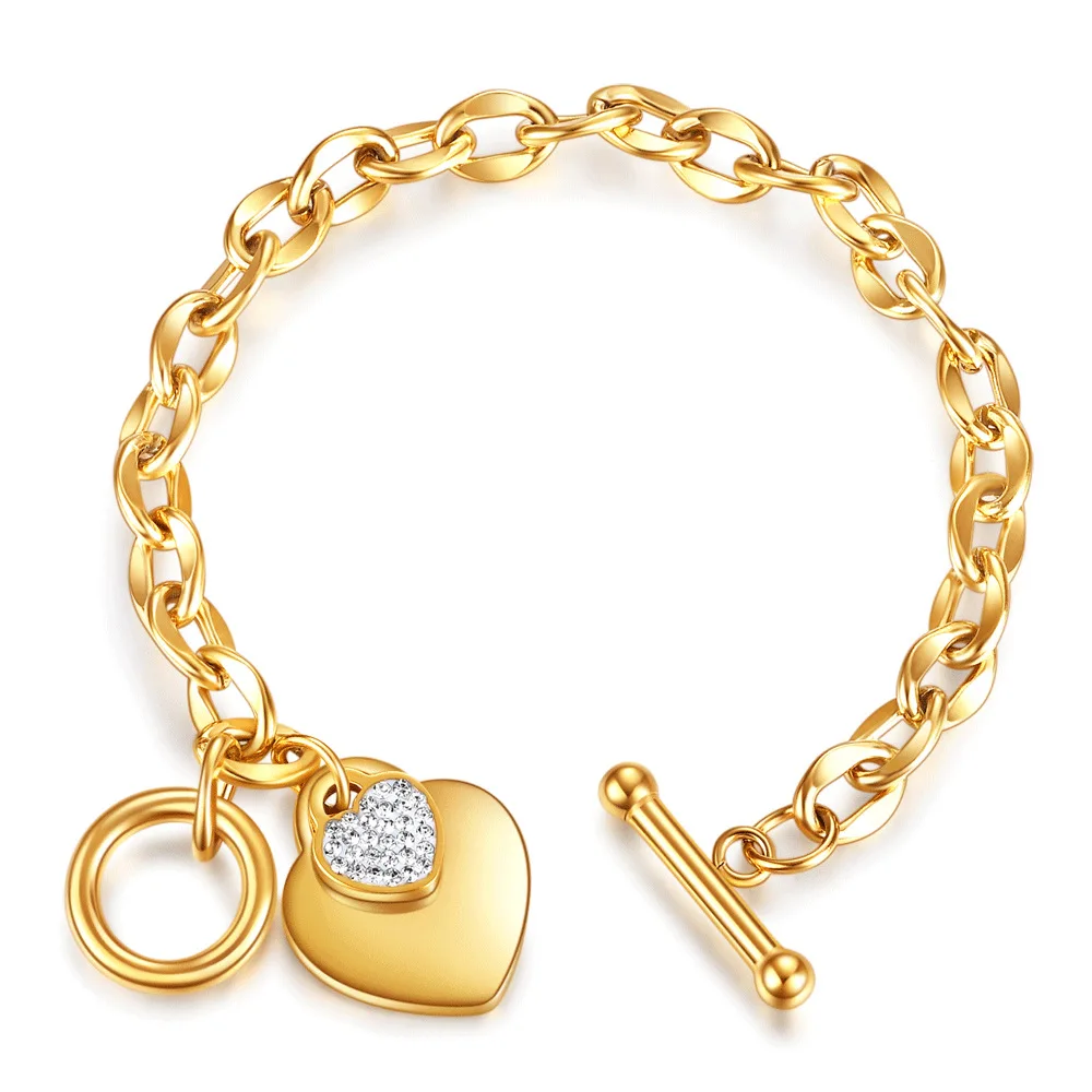 

2021 18k Gold Plating Stainless Steel Chain Link OT Clasp Heart Bracelet Zircon Heart Charm Bracelet