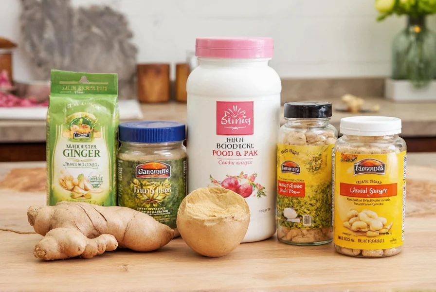 Various ginger products including fresh root, powder, capsules, and candied ginger arranged on a kitchen counter