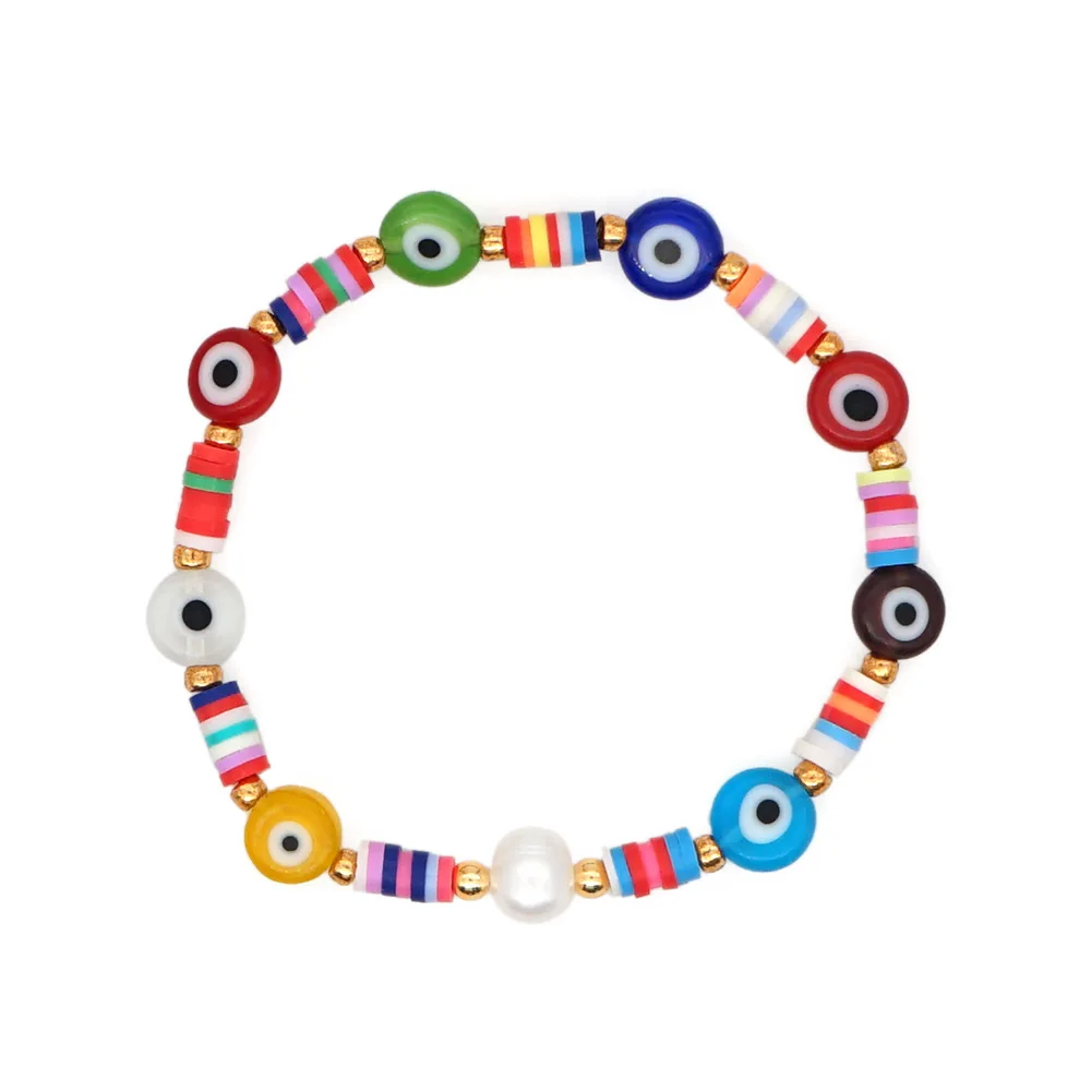 

Ethnic Style White Imitations Pearl Bangle For Party Gifts Color Eye Rainbow Disc Polymer Clay Devils Eye Bracelet
