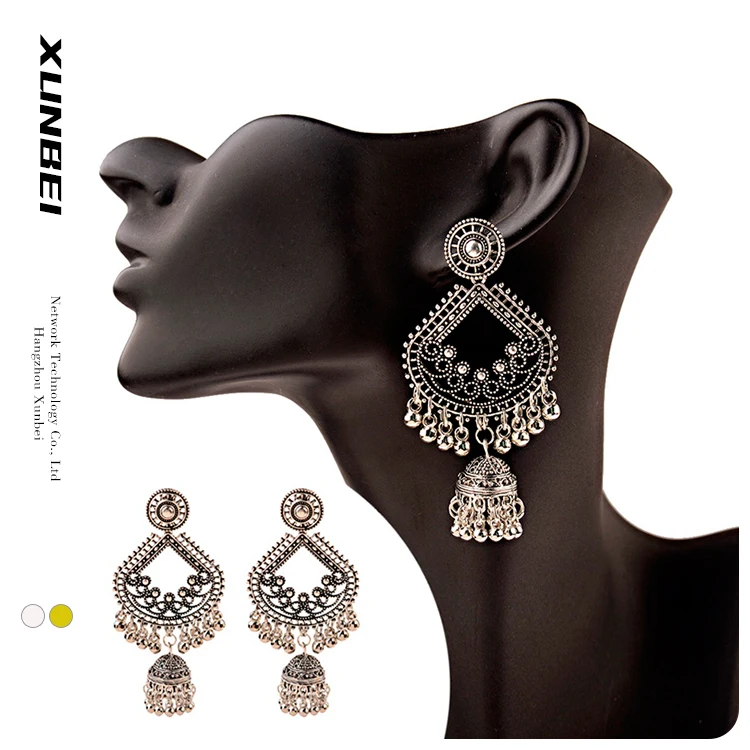 

2021 fashion trendy wholesale cultural boho Vintage bohemian ethnic jewelry big gold drop tassel indian jhumka earrings for gift, Gold/silver