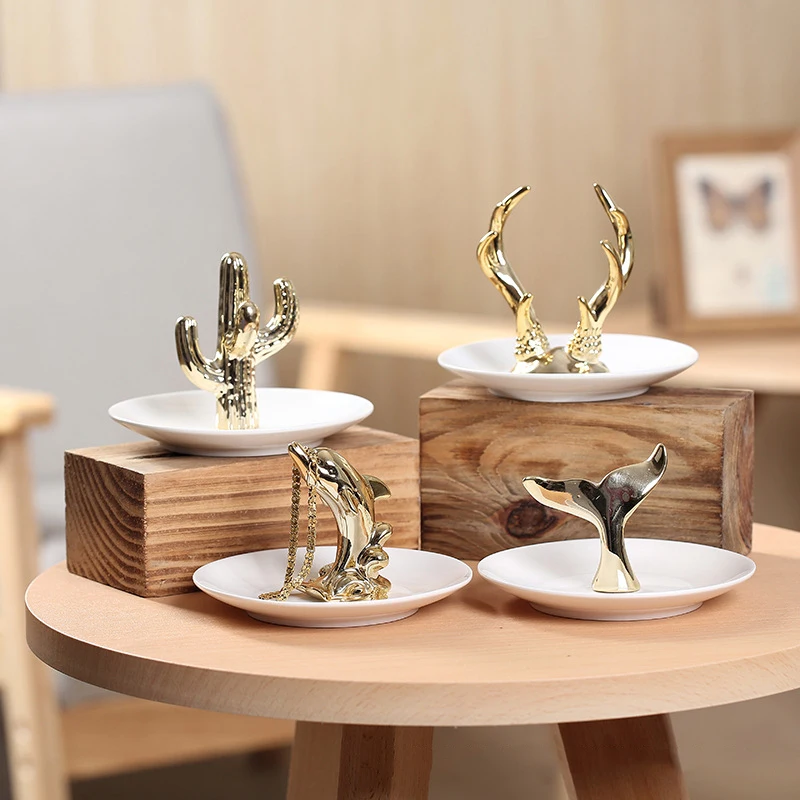 

Nordic ceramic jewelry plate gold plating ring necklace jewelry tray creative crafts table decoration, White+gold