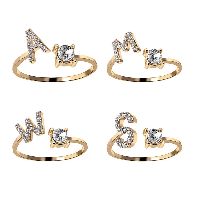 

26 Letters Initial Diamond Bling  Open Ring for Women