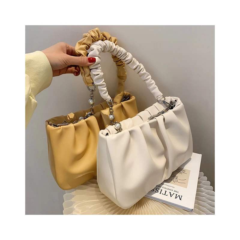 

French Wrinkle Brand Women Bags New Luxury Pearl Chain Classic Underarm Bags Summer Purses And Handbags Fashion Small Square Sac