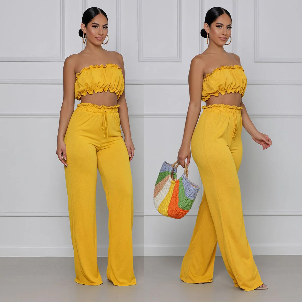 

Cross-border Amazon pure color casual strapless pants women's two-piece set