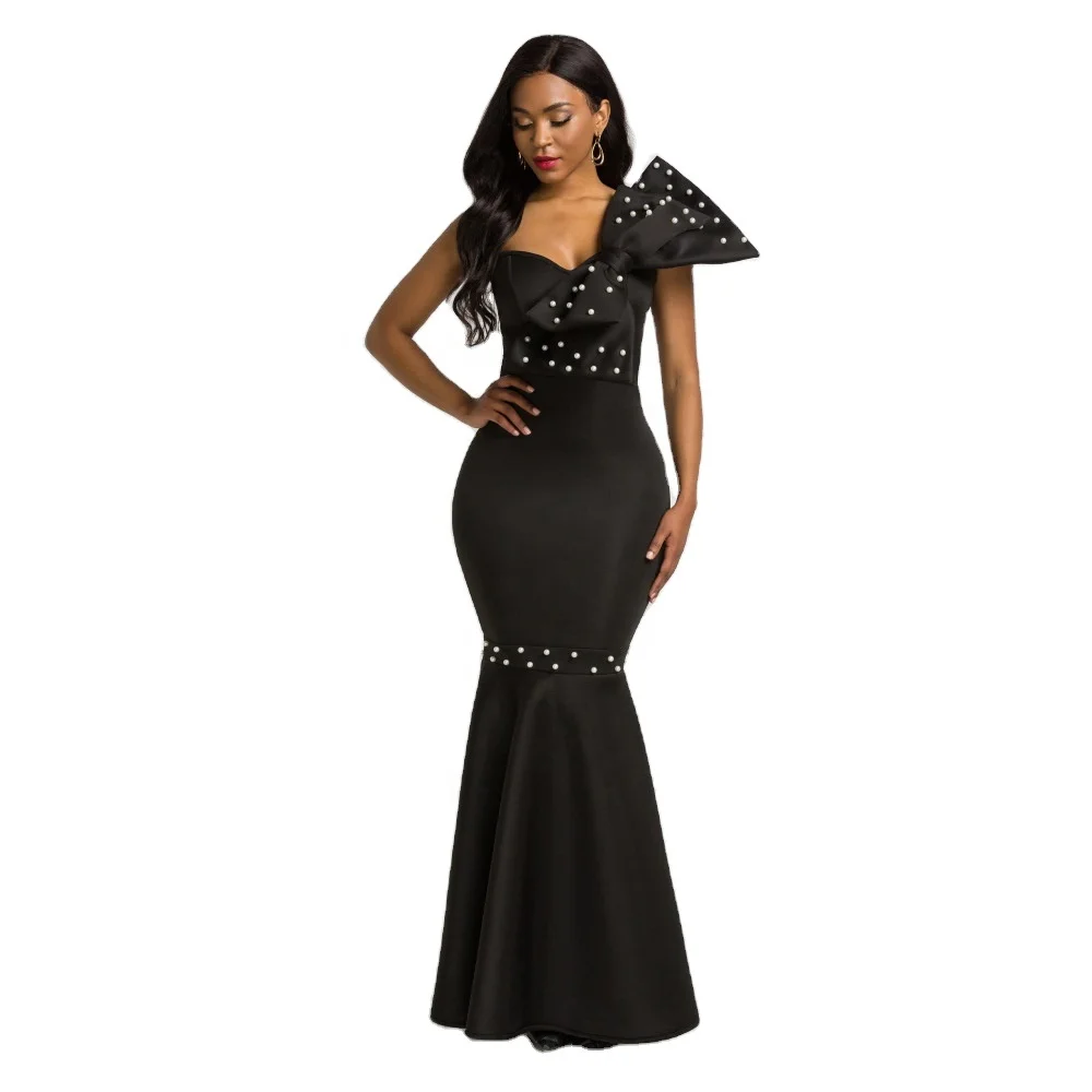 

KEN-25591-1 women big bow black long evening dress faux pearl beading evening gown