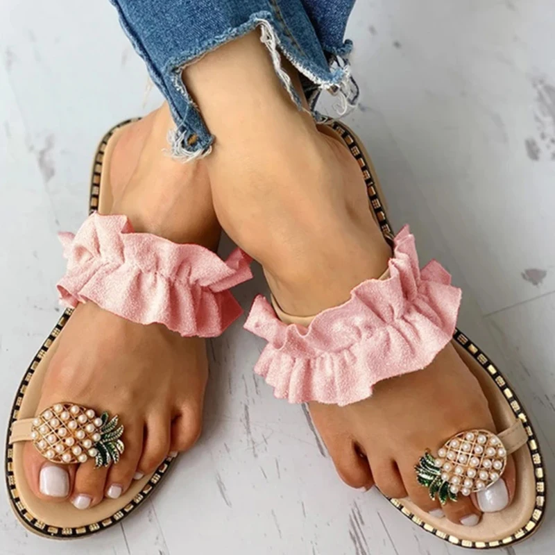 

Women's Summer Pineapple Shape Rhinestone Crystal Slip-on Slide Sandals Open Toe Single Band Non-Slip Flat Slippers, Picture
