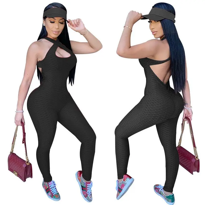 

Summer Plus size Fitness Yoga sexy bodycon one piece Hollow out sleeveless backless women tracksuit joggers jumpsuit set