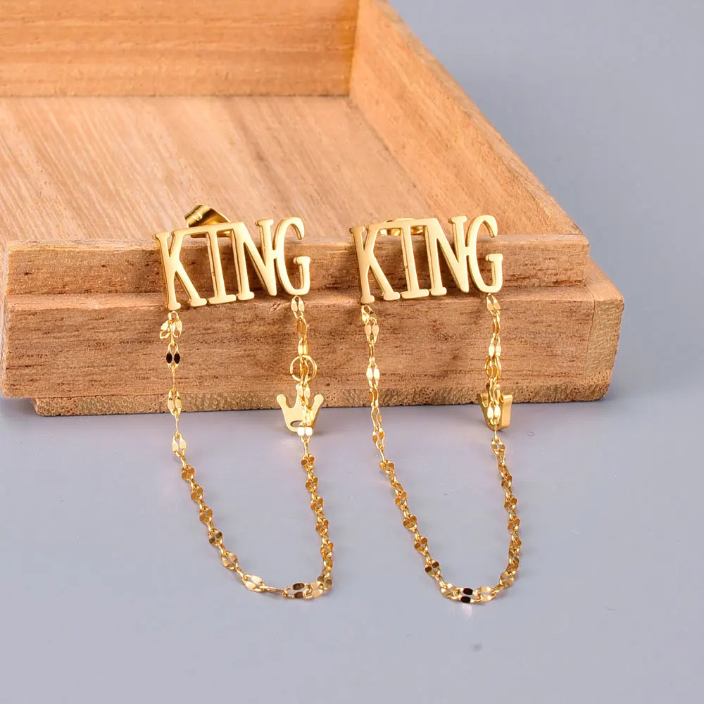 

Women Temperament Crown Chain Tassel Letter KING Stud Earrings Sweet Cute Stainless Steel King Letters Starlight Chain Earrings