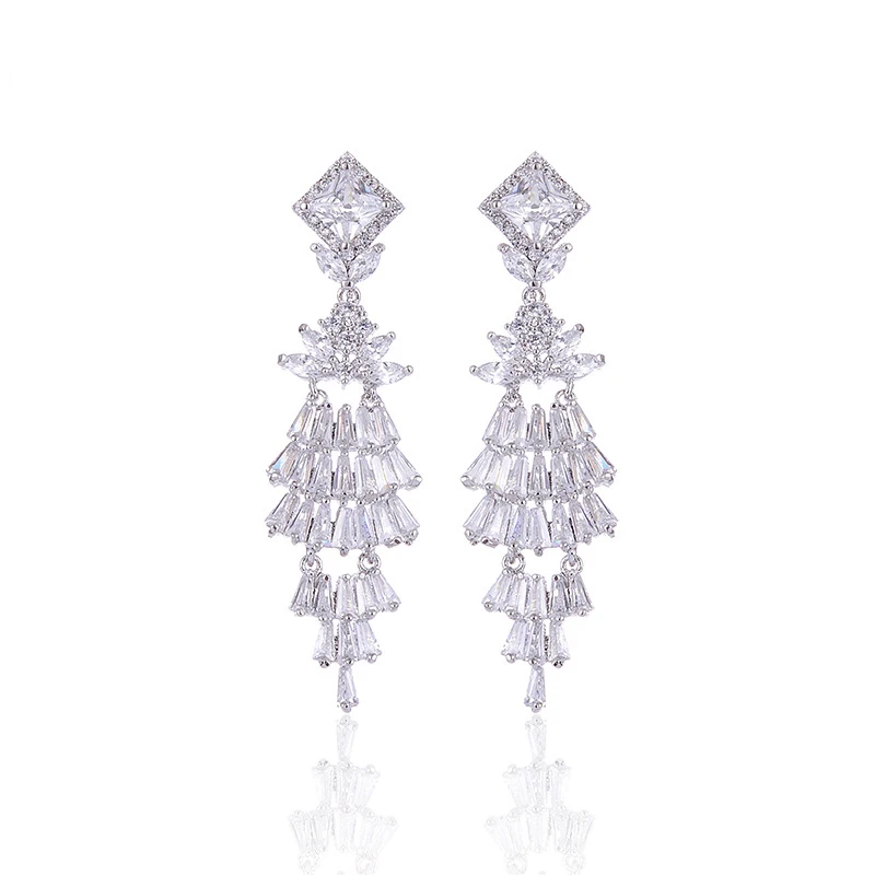 

New Arrivals Bridal Jewelry Women Luxury AAA Cubic Zirconia Long Drop Bridal Earrings