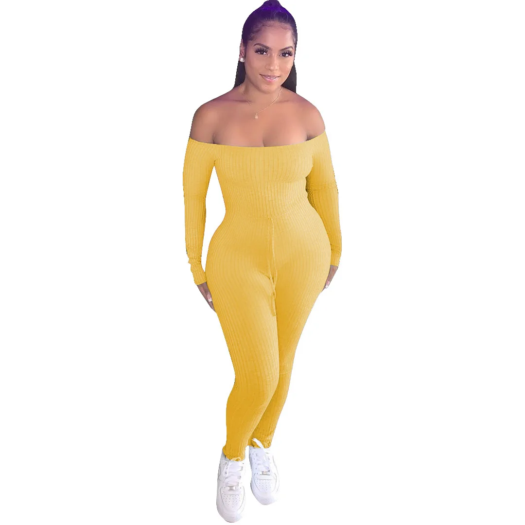 

Women's rib flat shoulder long sleeve Jumpsuit