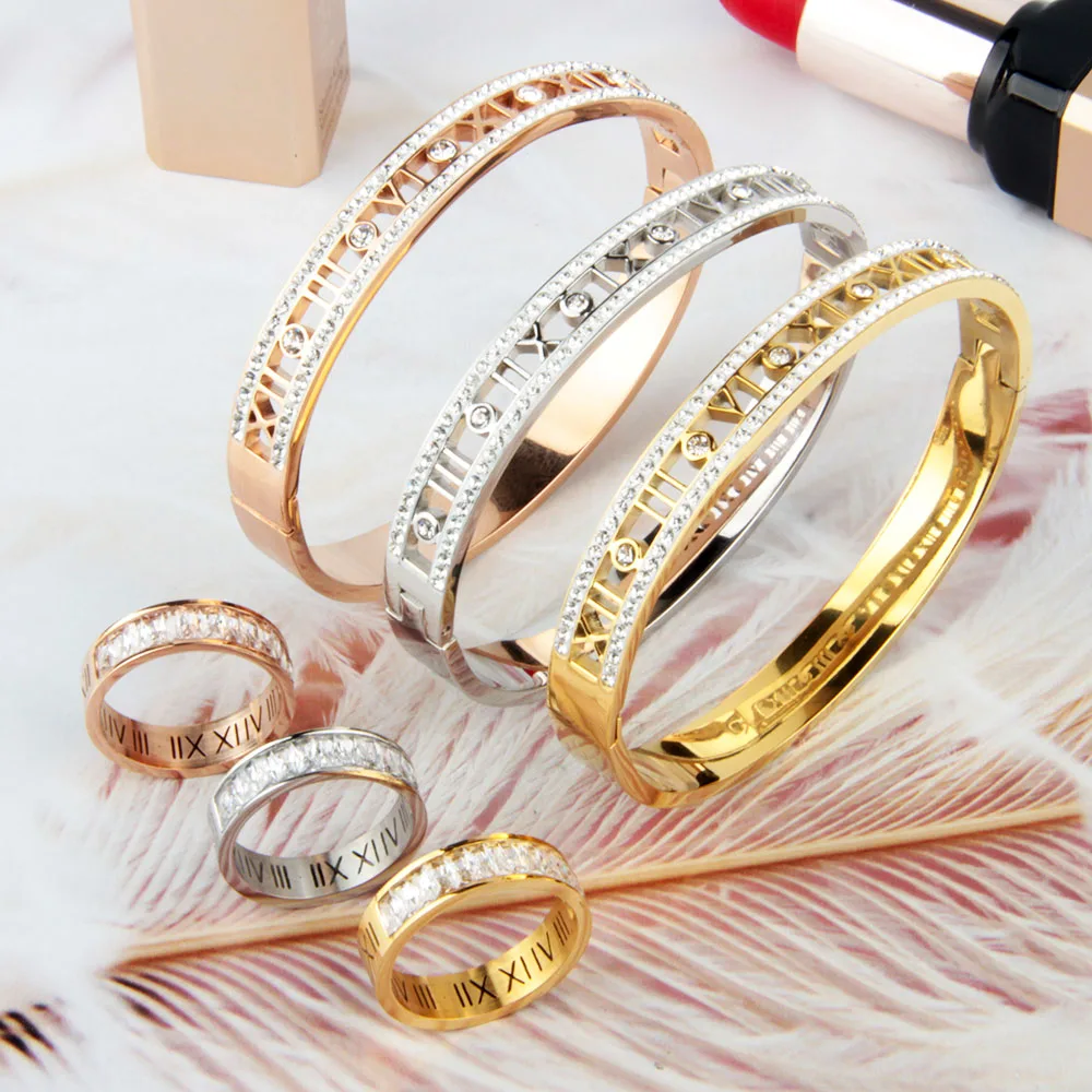 

High quality ladies party jewelry accessories hollow carved numbers inlaid diamond gold stainless steel bracelet ring for women