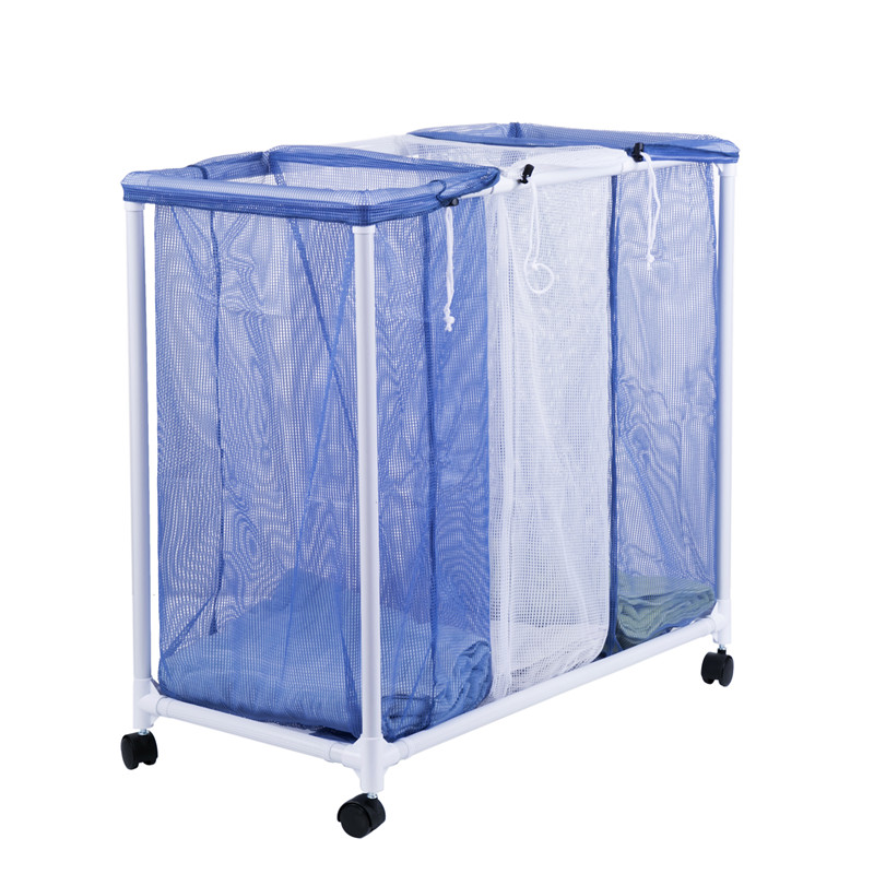 

3 Section Mesh Folding Plastic Trolley Type Clothes Laundry Basket on Wheels, Blue and white