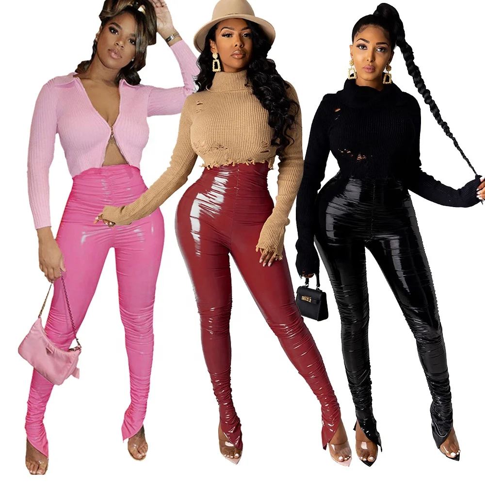 

Q722 New products solid color pleated pant ladies high waist sexy PU leather pants for women