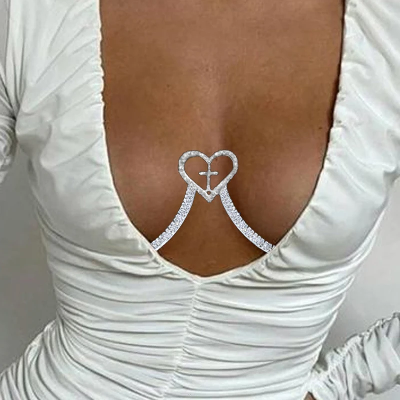 

Bling Green Cross Love Heart Rhinestone Sexy lingerie Body Chain Women Bra Chain Chest Holder Bikini Beach Dance Body Jewelry