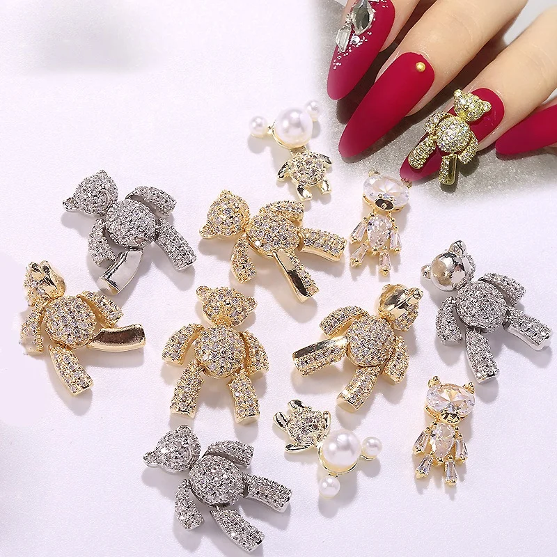 

Luxury Metal Zircon Super Flash Diamond Bear Jewelry Accessories 3d Nail Art Decoration Rhinestones, Gold silver