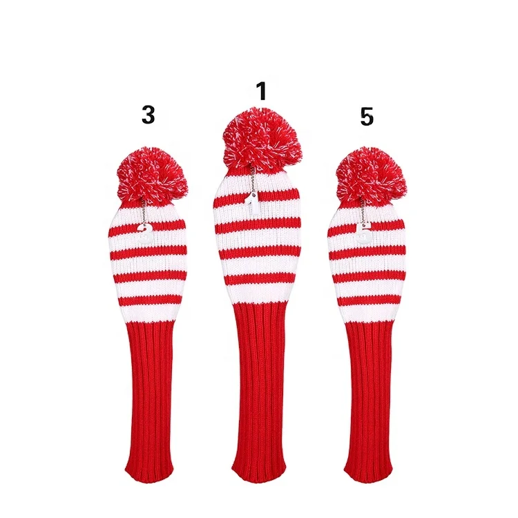 

Manufacturer factory wholesale custom knitted pompoms golf headcovers, Black and white stripes/red and white stripes