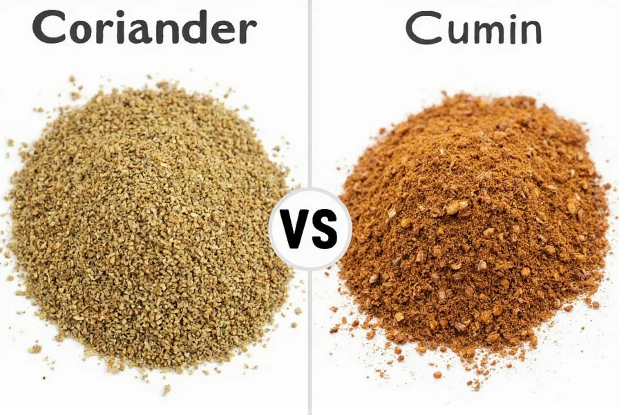 Close-up comparison of whole coriander seeds and cumin seeds showing visual differences