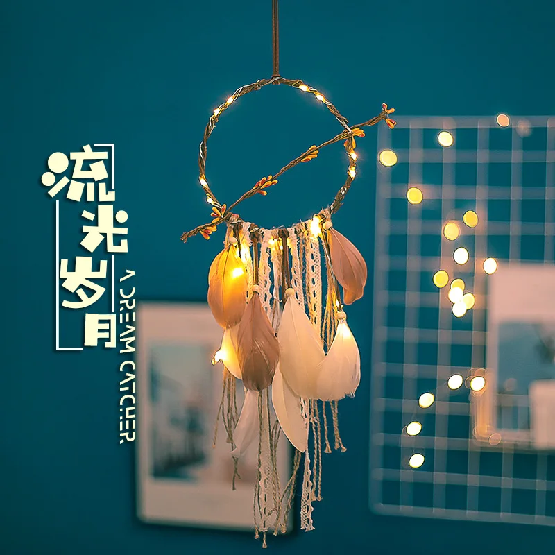 

Dream Catcher Ins Pastoral Style Feather Tassel String Lights Wind Chimes Car Pendant